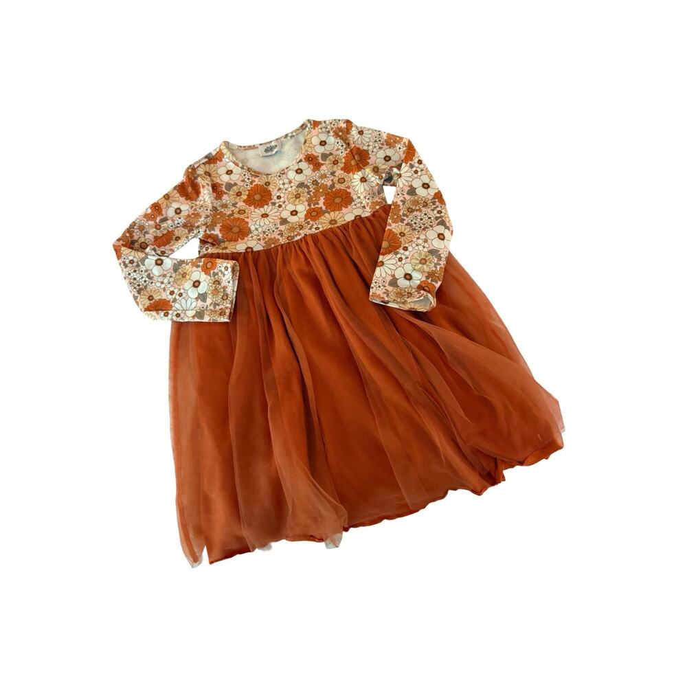 Wildflower Kids Girls Dress Size 10 Rust Floral Long Sleeve Tulle Overlay Twirl
